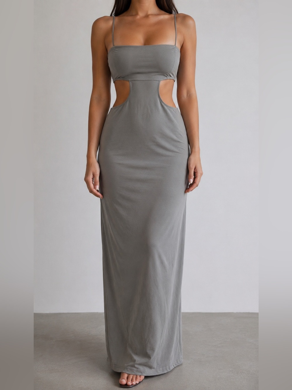 Gray Cutout Maxi Dress with Strappy Shoulders